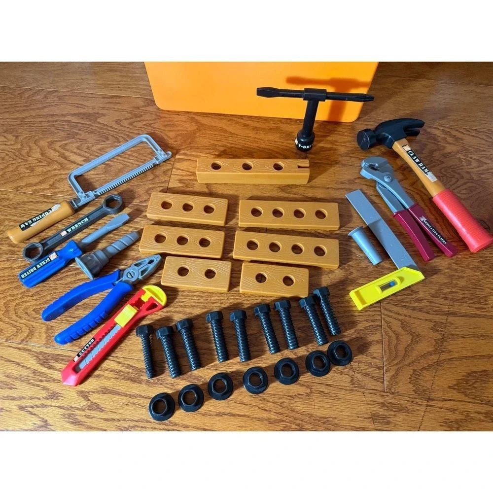 Home Depot Tool Toys for Kids - Toolbox, Tools, Nuts, Bolts, Pliers, Saw EUC